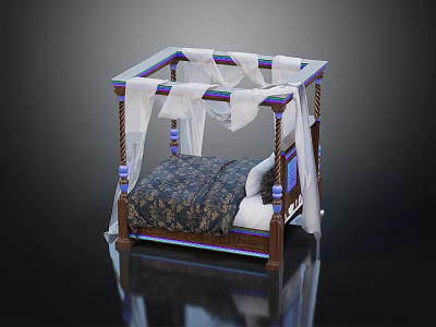 Elegant Four Poster Double Bed With Wooden Frame White Canopy Curtains And Patterned Bedspread 3d model