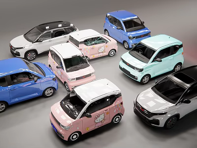 Cars With Various Styles Colors And Hello Kitty Themes 3d model