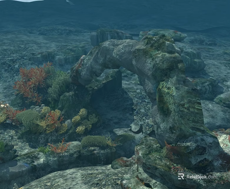 Underwater Landscape Sculpture Featuring Arch Shaped Rock with Coral and Marine Life 3d model 