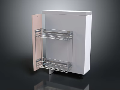 White Modern Storage Cabinet With Open Door And Metal Shelves On Wheels 3d model