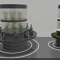Agricultural Exhibition Hall Featuring Cylindrical Display Units With Plants And Microscopes