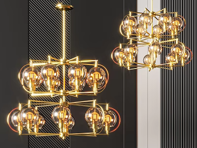 Modern Golden Frame Chandelier With Multiple Bulbs And Layered Structure 3d model