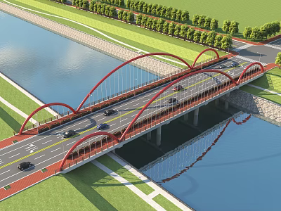 Modern Red Arch Bridge Spanning River With Vehicles And Green Belt Sides 3d model