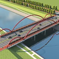 Modern Red Arch Bridge Spanning River With Vehicles And Green Belt Sides
