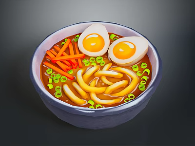 Delicious Ramen Bowl With Soft Boiled Eggs Carrot Strips And Green Onions 3d model