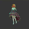 Child with pink hair wearing red layered dress red gloves and red shoes princess style