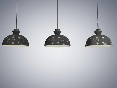 Three Black Pendant Lights With White Polka Dots Hanging In Modern Interior 3d model