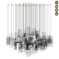 Modern Chandelier With Layered Square Glass Blocks In Amber And Gold Tones