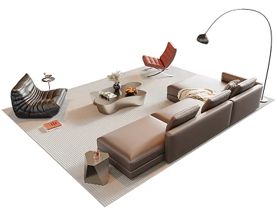 Modern Brown Sofa Coffee Table Set With Side Chair Floor Lamp And Decorative Rug 3d model