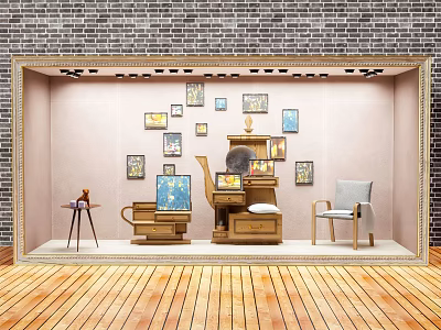 Artistic Window Display With Paintings Wooden Furniture Gray Chair And Brick Wall Background 3d model
