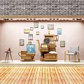 Artistic Window Display With Paintings Wooden Furniture Gray Chair And Brick Wall Background