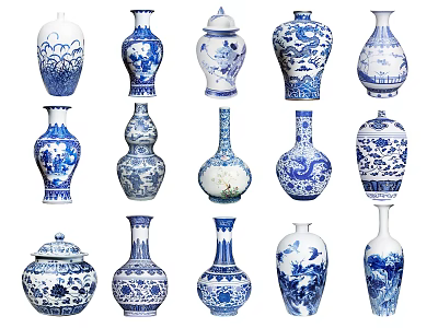 Blue and White Oriental Ceramic Vessels with Floral Patterns Vases and Jars Collection 3d model