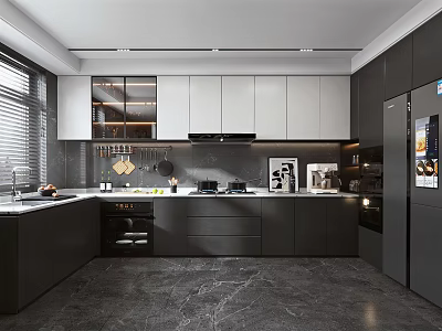 Modern Kitchen Interior With Black And White Cabinets Marble Countertops And Appliances 3d model