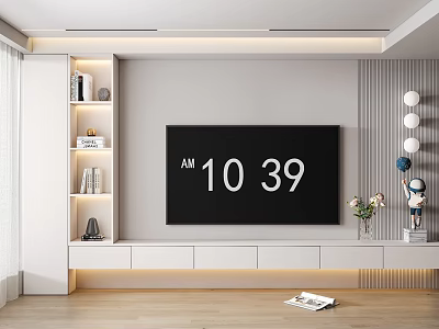 Modern TV Stand with Side Shelves Mounted TV and Decorative Accents in Bright Living Space 3d model