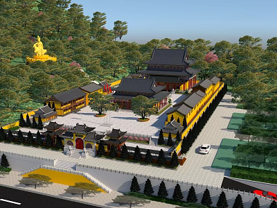 Ancient Chinese Architecture Traditional Temple Complex With Yellow Buildings Courtyard And Mountain View 3d model