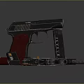 Black Pistol With Red Grip Disassembled Parts Including Magazine And Barrel Detailed Close Up View
