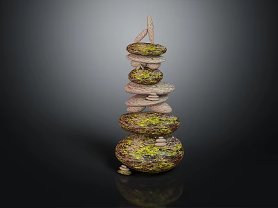 Natural Wood Stone Stacked Tower Structure With Organic Texture And Green Moss Details 3d model