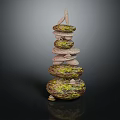 Natural Wood Stone Stacked Tower Structure With Organic Texture And Green Moss Details