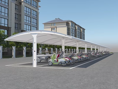 Outdoor Canopy for Electric Scooter Parking in Residential Area with White Structure and Buildings 3d model