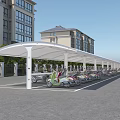 Outdoor Canopy for Electric Scooter Parking in Residential Area with White Structure and Buildings