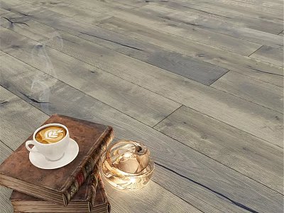 Rustic Wooden Floor With Stacked Old Books Coffee Cup And Candle Holder 3d model