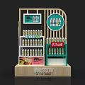 Retail Floor Display with Fresh Soy Milk Bottles and Cans on Wooden Multi Layer Shelf