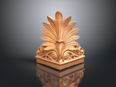 Golden Decorative Plant Inspired Sculpture Featuring Intricate Leaf Like Patterns On Reflective Base 3d model