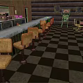Classic Bar Interior With Checkerboard Floor Yellow Bar Stools And Wooden Counter