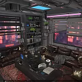 Futuristic Living Room With Brown Leather Sofas Large Windows Neon Lights And Coffee Table