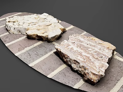 Natural Textured Rockery Stones Placed On Oval Striped Decorative Tray For Garden 3d model