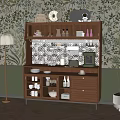 Elegant Wooden Sideboard With Glass Doors Decorative Dishes And Green Floral Wallpaper Background