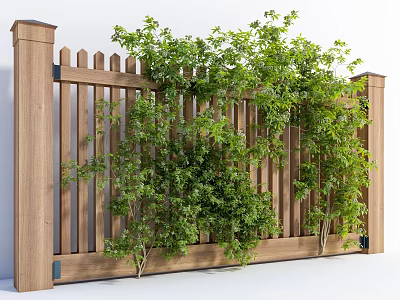 Wooden Garden Fence With Green Climbing Plants And Vertical Slats 3d model