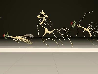 Fresh Organic Ginseng Roots With Red Flowers Displayed On White Platform 3d model