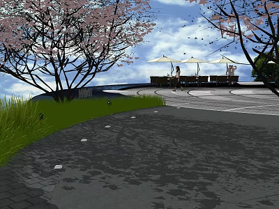 Scenic Plaza Area With Cherry Blossom Trees Green Grass Paved Path And Umbrellas 3d model