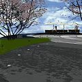Scenic Plaza Area With Cherry Blossom Trees Green Grass Paved Path And Umbrellas