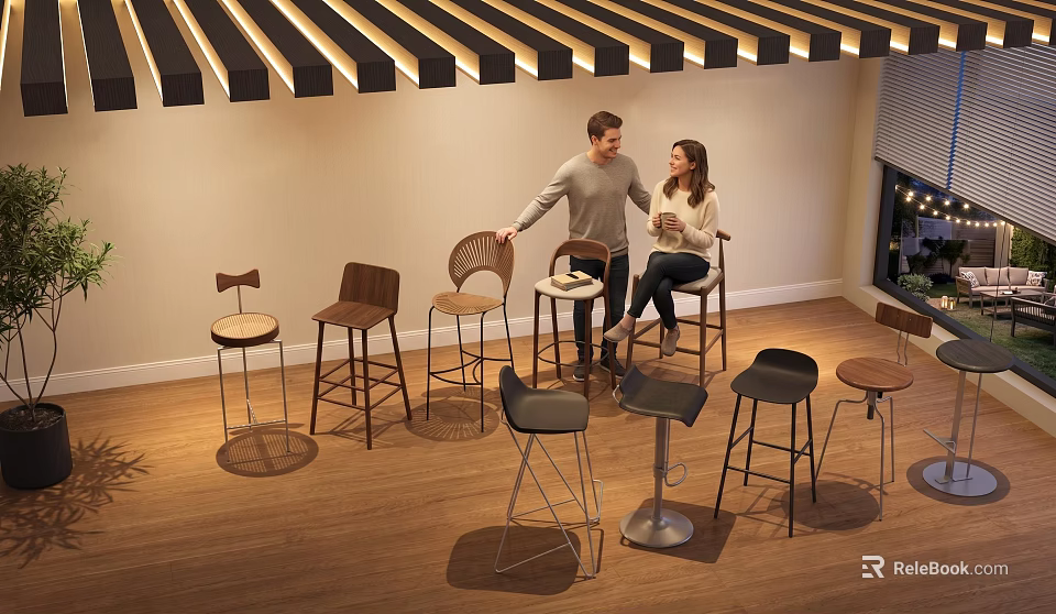 Various Stylish Bar Stools Displayed In Modern Showroom With Wooden Floor And People Seating 3d model 