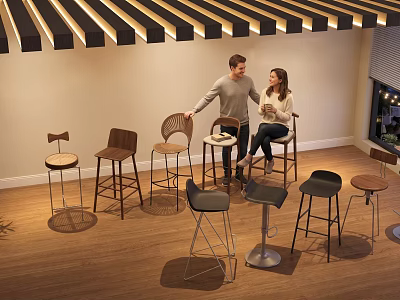 Various Stylish Bar Stools Displayed In Modern Showroom With Wooden Floor And People Seating 3d model