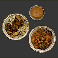 Assorted Curry Dishes Served in Wicker Baskets with Meat Potatoes Noodles and Fresh Coriander