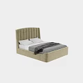 Double Bed With Beige Upholstered Vertical Tufted Headboard White Pillows Gray Bedding Dark Throw Blanket 3d model