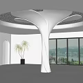 Modern Sculptural White Column In Interior With Silver Textured Ceiling And Lake View Windows 3d model