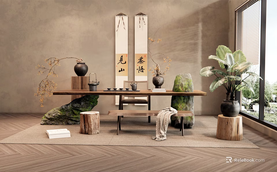 Traditional Tea Room Interior Design With Calligraphy Scrolls Tea Table Decorative Stones And Green Plants 3d model 