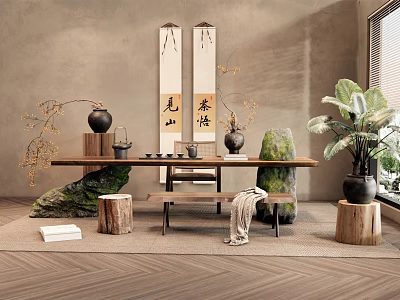 Traditional Tea Room Interior Design With Calligraphy Scrolls Tea Table Decorative Stones And Green Plants 3d model