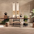 Traditional Tea Room Interior Design With Calligraphy Scrolls Tea Table Decorative Stones And Green Plants