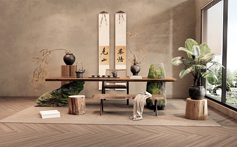 Quiet Ancient Style Tea Table and Chair Stone Tea Table Bench Casual Chair Vase Jewelry Ornaments Hanging Painting Green Plant Potted Plant 3d model