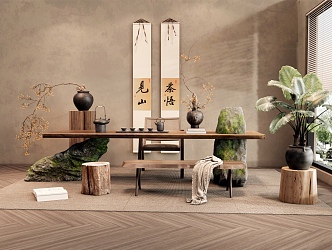 Quiet Ancient Style Tea Table and Chair Stone Tea Table Bench Casual Chair Vase Jewelry Ornaments Hanging Painting Green Plant Potted Plant 3d model