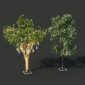 Tree Pit Square Base With Two Trees One Decorated With Lights And Green Foliage 3d model