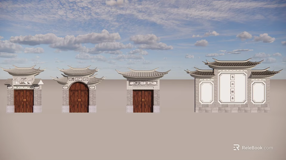 Traditional Chinese Gateways With Wooden Doors Tile Roofs And Carved Details 3d model 