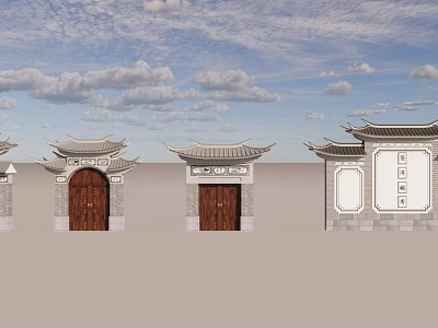 Traditional Chinese Gateways With Wooden Doors Tile Roofs And Carved Details 3d model