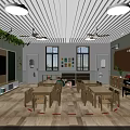 Kindergarten Classroom Interior With Wooden Tables Chairs Piano Green Plants And Toys