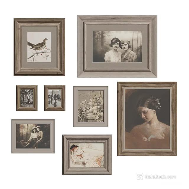 Photo Wall Decor With Multiple Frames And Various Artworks Including Portrait Bird And Scenery 3d model 